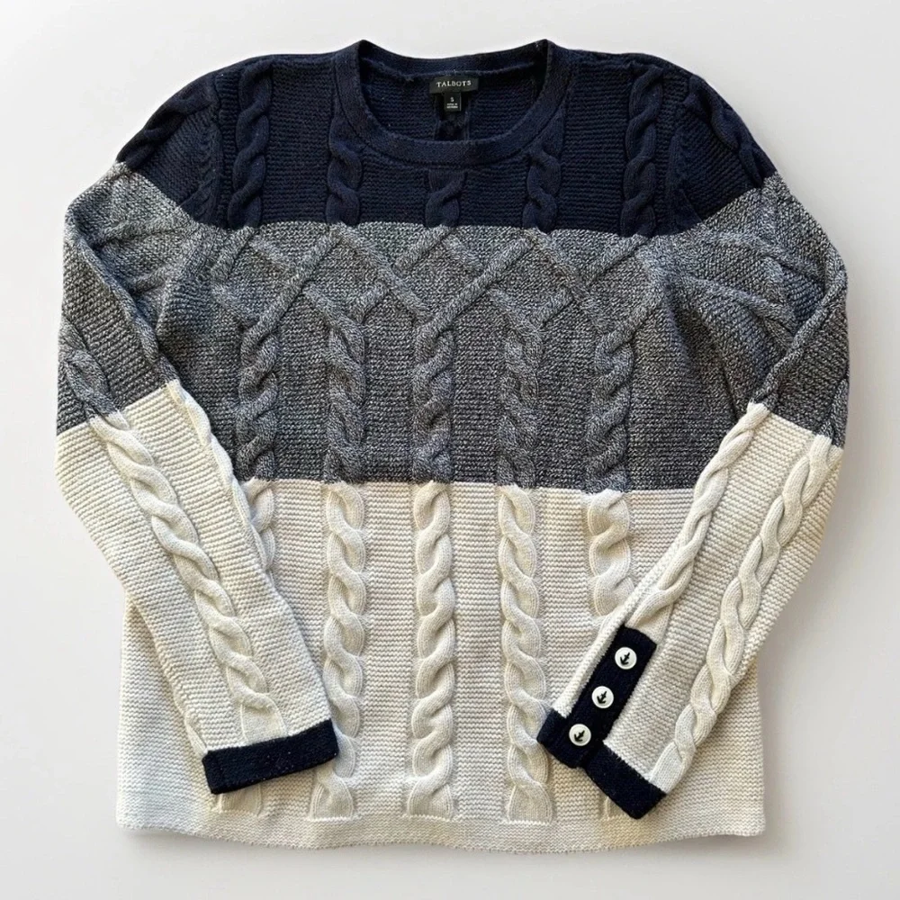 Talbots Chunky Cable Knit Nautical Sweater Size Small Color Block Blue White - Picture 1 of 11